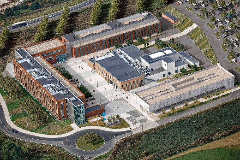 aerial elevated architectural photomontage of thames valley science park in reading