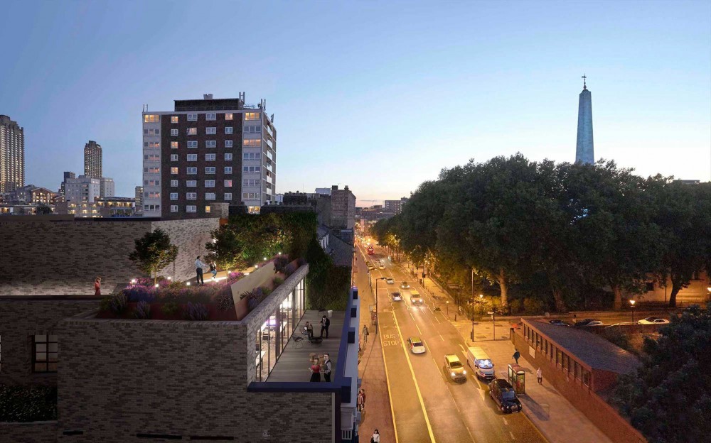 elevated architectural photomontage of terrace of stylus 112 old street in london